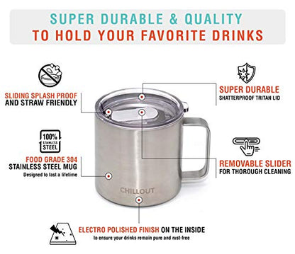 CHILLOUT LIFE Stainless Steel 16 oz Vacuum Insulated Coffee Mug with Handle and Lid, Large Thermal Camping Coffee Mug Cup with Durable Sliding Lid for Men & Women, Keeps your Beverages Hot & Cold - color: Stainless Steel, size: 16 Ounces