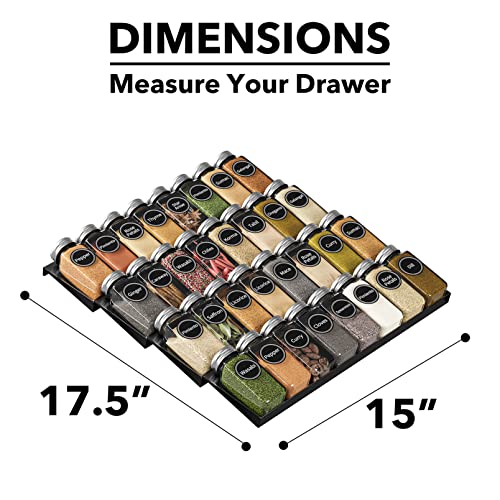 SpaceAid Spice Drawer Organizer with 32 Spice Jars, 386 Spice Labels, 4 Tier Seasoning Rack Tray Insert for Kitchen Drawers, 15" Wide x 17.5" Deep - size: 32 Jars, 15" Wide