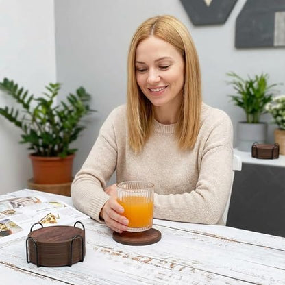 Absorbent Coasters for Drinks with Holder - 6packs, Silicone Coaster with Soft Felt Insert (4.3 inch Coasters with 4.5 inch Holder, Wooden Style) - color: Wooden Style