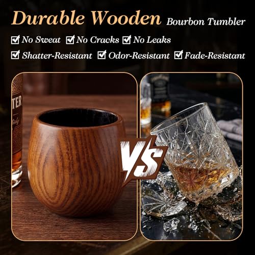 Charred Wooden Bourbon Drinking Glass Set with Whiskey Ice Stones & Tongs, 2 Pack 10oz Oak Wooden Bourbon Glass, Artisan Oak Whiskey Cups for Bourbon Lovers, Unique Whiskey Gift for Dad, Men, Husband