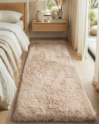 DEXI Runner Rugs for Hallway 2x6, Non Slip Bedside Rug for Bedroom, Beige | Machine Washable, High Pile, Non-Shedding, Soft Thick Fluffy Carpet for Living Room, Bathroom, Playroom, Dorm and Nursery - color: Beige, size: 2' x 6' (Rectangular)