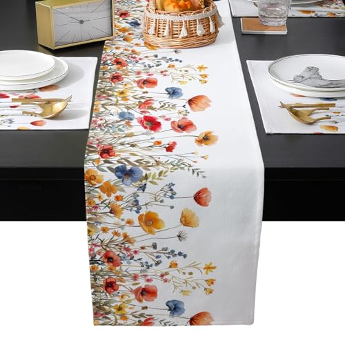 Table Runner and Placemats Set of 6 Watercolor Flower Spring Floral Decorative Dining Table Runner with Matching Placemats Leaves Branch Nature Table Decor for Kitchen Dining Room 13x90in - size: 13"x90"+6pcs
