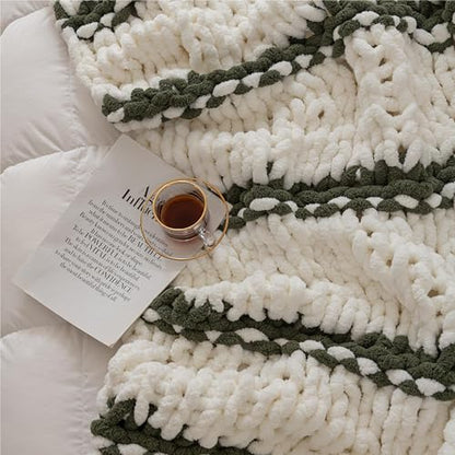 Chunky Knit Blanket Throw for Couch 50"×60" Olive Green and White | 100% Handmade Knitted Throw Blanket Fluffy Soft Blanket with Jumbo Chenille Yarn Thick - color: Olive Green and White, size: 50"*60"