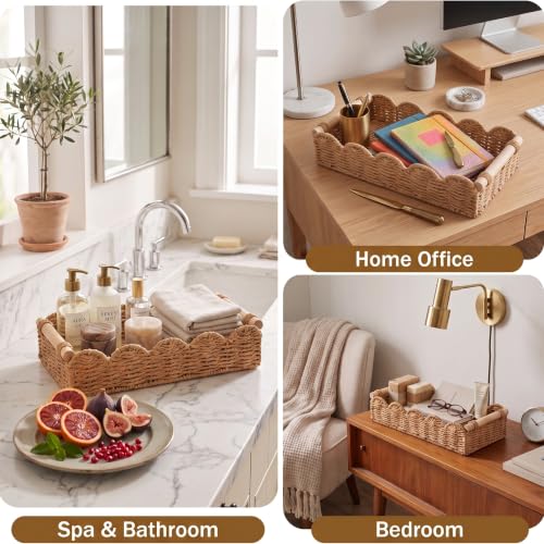 2 Pcs Toilet Paper Storage Basket with Wood Handles, Bathroom, 2Pcs | Scalloped Edge Paper Rattan Bathroom Basket, Over-The-Toilet Storage Organizer for Shelf, Countertop, Modern Farmhouse Decor