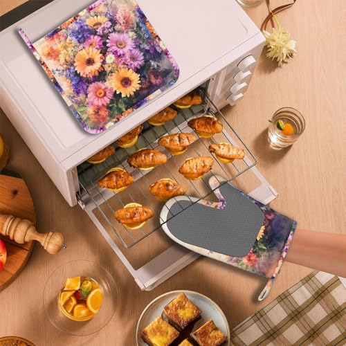 Retro Blooming Flowers Oven Mitts and Pot Holders Sets Silicone Kitchen Mitts Potholders Heat Resistant Oven Gloves Hot Pads for Kitchen Baking Cooking - color: Retro Blooming Flowers