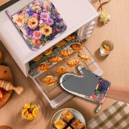 Retro Blooming Flowers Oven Mitts and Pot Holders Sets Silicone Kitchen Mitts Potholders Heat Resistant Oven Gloves Hot Pads for Kitchen Baking Cooking - color: Retro Blooming Flowers