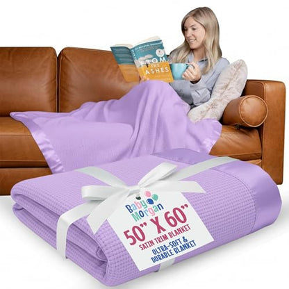 Thermal Waffle Knit Throw Blanket Satin Trim Lavender 50"x60" | Adult throw blanket with soft lightweight waffle knit design, satin trim & breathable layer for couch, bed & living room use. - color: Lavender - Satin Trim