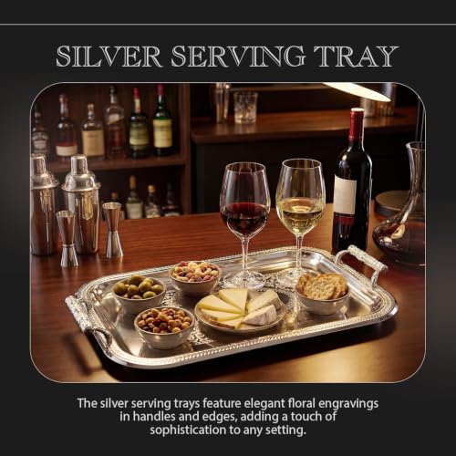 Rtteri Silver Serving Trays with Handles Rectangle Stainless Steel Metal Plate 16.1 x 11.4 Mirror Tray for Cake Cookies Snacks Desserts Fruit Ottoman Coffee Table Living Room Whiskey Table Decor