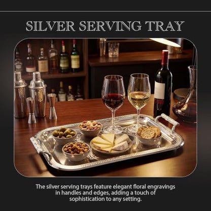 Rtteri Silver Serving Trays with Handles Rectangle Stainless Steel Metal Plate 16.1 x 11.4 Mirror Tray for Cake Cookies Snacks Desserts Fruit Ottoman Coffee Table Living Room Whiskey Table Decor