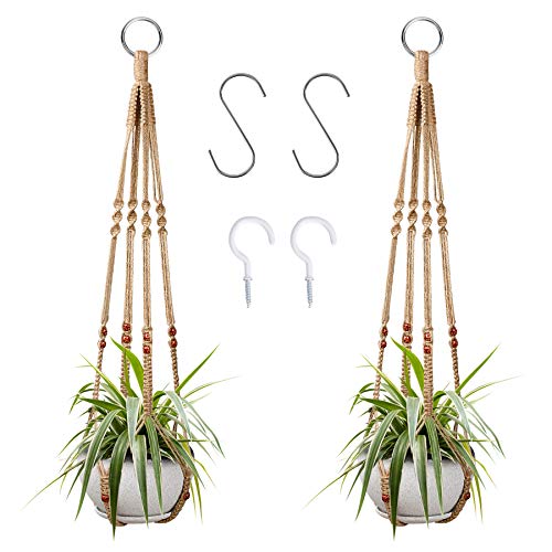2 Pcs Plant Hangers Hanging Plant Holder for Indoor Outdoor Decor Macrame Hanging Planter Basket with 4 Hooks(35 Inch) - color: Brown, size: 35 Inches