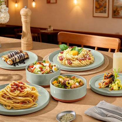 LIANYU Stoneware Dinnerware Sets Service for 8, 24 PCS Plates and Bowls Set | Handmade Ceramic Dish Set, Highly Chip and Crack Resistant Modern Plate Set, Laurel Green - color: Fog Green