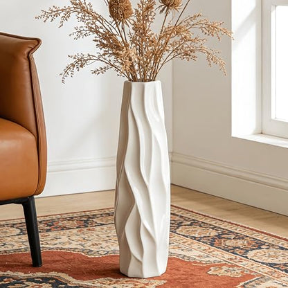 White Tall Ceramic Floor Vase, 24 Inch, Pleated Wave Design | Glossy Glazed Finish, Living Room, Fireplace, Entryway, Pampas Grass - color: Shape 1, size: 24 Inch
