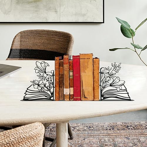 Metal Flower & Book Design Decorative Bookends – Cute Bookends for Shelves | Fun Reading Room Decor for Book Lovers, Black