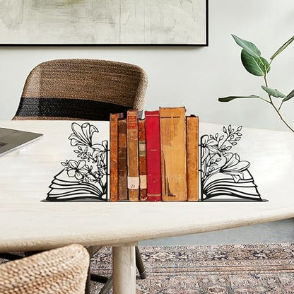 Metal Flower & Book Design Decorative Bookends – Cute Bookends for Shelves | Fun Reading Room Decor for Book Lovers, Black