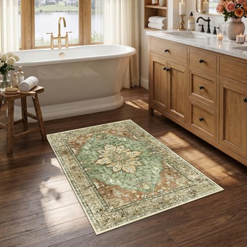 RELEANY Washable Area Rug, Small 2'6"x4', Brick/Brown/Green | Non-Slip, Water Repellent, Pet Friendly, Easy to Clean, Vintage Floral Boho Decor for Kitchen Entryway Bathroom - color: Brick/Brown/Green, size: 2'6" X 4' (Runner)