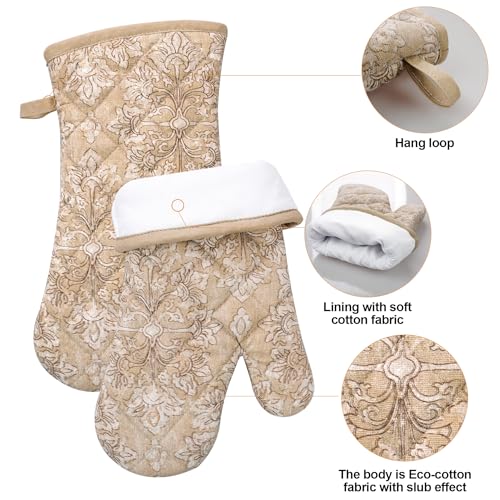 Oven Mitts and Pot Holders with Cooking Apron Set of 5, Heat Resistant Kitchen Gloves and Silicone Non-Slip Potholders, Adjustable Neck Buckle Chef Apron, Cotton Nice Design for Cooking (Tawny) - color: Tawny