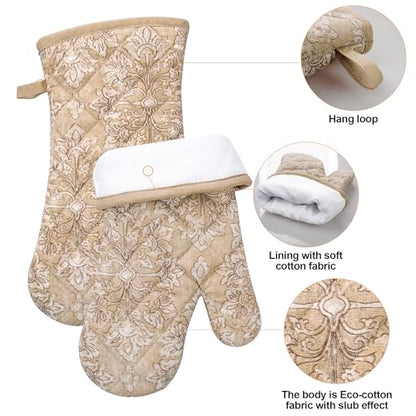 Oven Mitts and Pot Holders with Cooking Apron Set of 5, Heat Resistant Kitchen Gloves and Silicone Non-Slip Potholders, Adjustable Neck Buckle Chef Apron, Cotton Nice Design for Cooking (Tawny) - color: Tawny