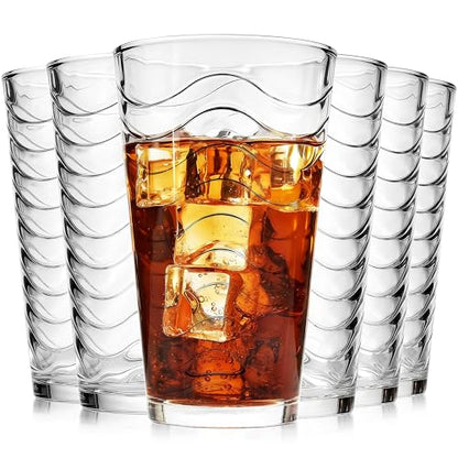 ALINK 16 oz Vintage Drinking Glasses, Set of 6 Wave Line Highball Glass Cups Bar Glasses, Clear Heavy Base Stemmed Water Glasses for Beer, Iced Coffee, Cocktail, Wine, Iced Tea, Dishwasher Safe - style: Wave Design