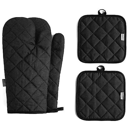 Oven Mitts and Pot Holders 4 pcs Set,High Heat Resistant 500 Degree Extra Thicken Long Kitchen Cotton Oven Glove for Cooking (12 Inch,Black) - color: Cotton-black