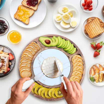 13.5" Round Acacia Wood Cheese & Charcuterie Board Set with Slate Chiller, Hidden Drawer & 420 Stainless Steel Knives/Forks - Ideal Wedding, Housewarming, Birthday Gifts - size: Round 13.5" with Slate Chiller