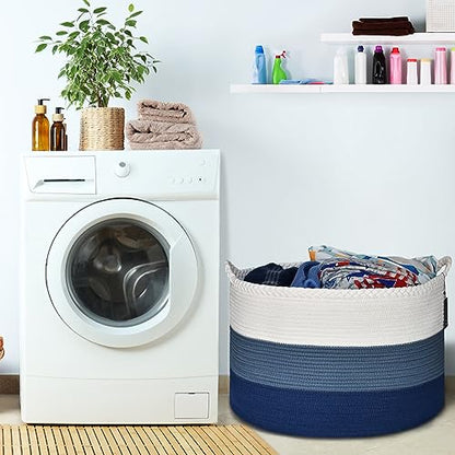 COMSE XXXLarge Woven Blanket & Laundry Basket, 87L, White & Blue | 21.7" x 13.8", Cotton Rope, Nursery Hamper for Storage of Toys Clothes Towels, Ideal for Living Room Bedroom Bathroom - color: White & Cadet Blue & Navy Blue
