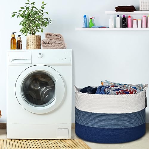COMSE XXXLarge Woven Blanket & Laundry Basket, 87L, White & Blue | 21.7" x 13.8", Cotton Rope, Nursery Hamper for Storage of Toys Clothes Towels, Ideal for Living Room Bedroom Bathroom - color: White & Cadet Blue & Navy Blue