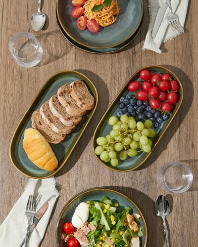 12" Deep Serving Platters, Stoneware Party Tray Set for Entertaining, Microwave Safe Large Platter for Fruit/Cheese/Cookie/Sushi/Appetizer, Ceramic Serving Trays Plates of 4, Aurora Green - size: Deep