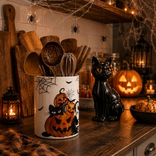 Halloween Utensil Holder, Spooky Ceramic Kitchen Utensil Holder, Utensil Crock for Home Kitchen Countertop Storage Organizer Container, Large Holder for Spatulas, Spoons, Kitchen Counter Decor, 6"