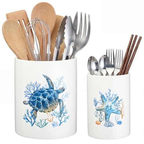 2 Pack Ceramic Utensil Holder 6.3" + 5.1" Ocean Theme Coastal Kitchen Crocks for Countertop Storage, Sea Turtle & Starfish Design, Decorative Utensil Organizer for Beach House Decor