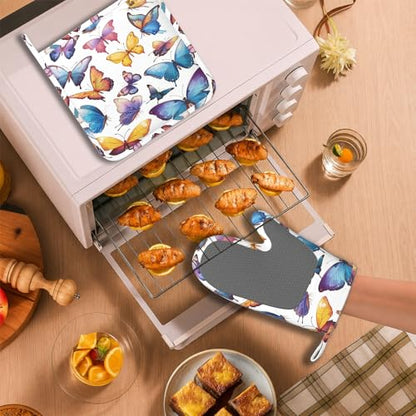 Colorful Butterflies Heat-Resistant Oven Mitts and Pot Holder Kitchen Non-Slip Silicone Cooking Microwave Gloves for Cooking Baking Grilling BBQ - color: Colorful Butterflies