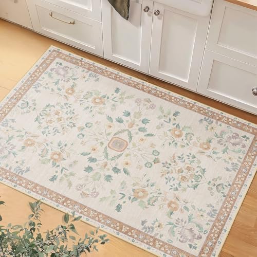 Small Rug Washable 2x3 Area Rugs Non Slip Ultra-Thin Floral | Throw Carpet for Bathroom Entryway Entry Entrance Bedroom Bedside Kitchen Floor Indoor Low Pile Boho Vintage Beige - color: Beige, size: 2' x 3' (Rectangular)