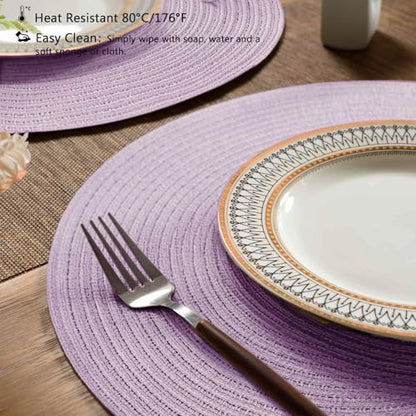 FunWheat Round Braided Placemats Set of 6 Place mats for Dining Tables Woven Heat Resistant Table Mats 15 inch (Light Purple,6pcs) - color: Light Purple, size: 6pcs