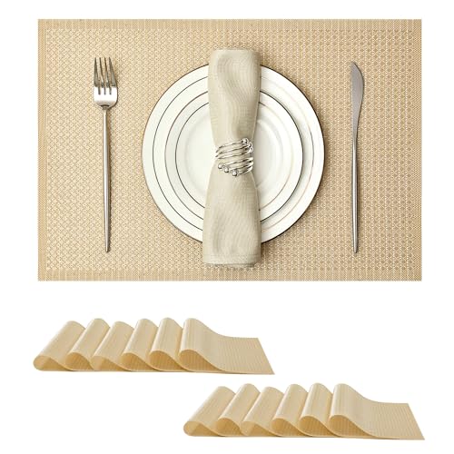 Leetaltree Woven Vinyl Placemats Set of 24, Gold Sequin | Waterproof & Washable Dining Table Mats for Wedding, Anniversary, Daily Use, Hand-Cut, Easy to Clean - color: 00- Gold Sequin, size: Set of 24