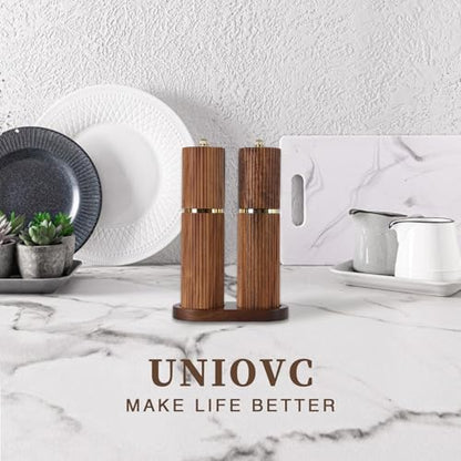 Wooden Salt and Pepper Grinder Set, Refillable Salt and Pepper grinder with adjustable Coarseness, Acacia Wood pepper mill manual, Salt and Pepper Shakers Matching Wooden tray-Ideal for Gifting - color: BURLYWOOD