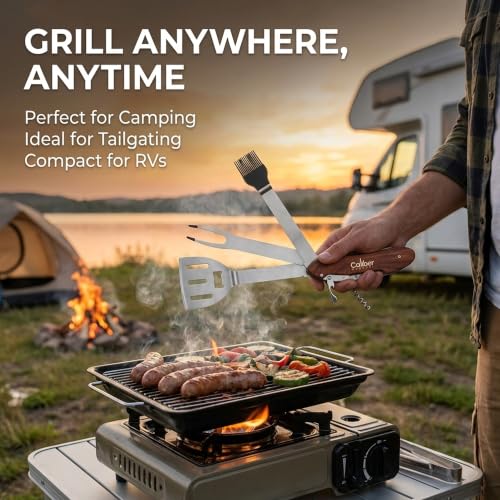 5-in-1 Multi Tool BBQ Barbecue Grill Accessories, Tools Set Kit, Camping Accessories, Grilling Parties, Detachable, Includes Brush, Spatula, Fork, Bottle Opener, Wine Corkscrew