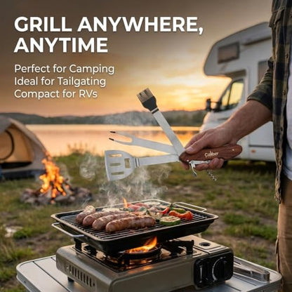 5-in-1 Multi Tool BBQ Barbecue Grill Accessories, Tools Set Kit, Camping Accessories, Grilling Parties, Detachable, Includes Brush, Spatula, Fork, Bottle Opener, Wine Corkscrew