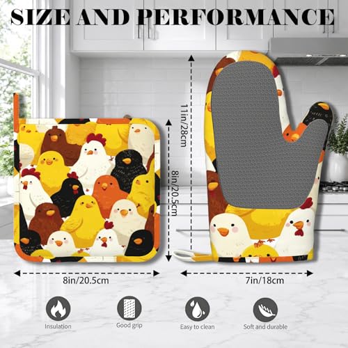 Funny Cartoon Chicken Oven Mitts and Pot Holders Sets Silicone Kitchen Mitts Potholders Heat Resistant Oven Gloves Hot Pads for Kitchen Baking Cooking - color: Funny Cartoon Chicken