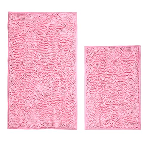 Bathroom Rugs Sets 2 Piece Washable, Luxury ，Chenille Bath Mat Set, Soft Plush Anti-Slip Rectangular Bath， Rug Super Absorbent. (Pink, 32"x20"+24"x16") - color: Pink, size: 32"x20"+24"x16
