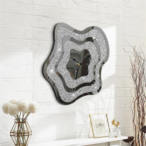 Silver Irregular Mirror Glass Wall Clock Crush Diamond Mirrored Wall Clock for Wall Decor Perfect for Living Room Bedroom Dining Room Office Home Decor - style: Star