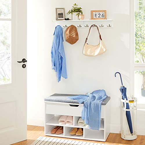 SONGMICS Entryway Hanging Coat Rack, Wall-Mounted Wooden Shelf, with 4 Double Hooks, Wall Floating Shelf, White ULHR42WT - color: White, size: 1 Pack-4 Hooks, style: With Shelf