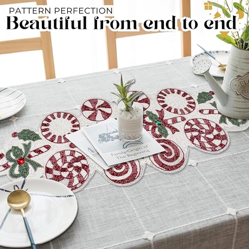 Christmas Beaded Table Runner, Red & White, 13x36 | Handcrafted, 85% glass beads, polyester backing, dining/console/coffee table, holidays, weddings, wipe-clean maintenance - color: Cherry Reddish, size: 36"x13"