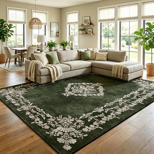 FlyDOIT 8x10 Large Area Rugs for Living Room, Green | Washable Floral Boho Rug, Non-Slip Soft Indoor Throw Carpet for Bedroom Dining Room Entryway College Dorm Office Decor - color: Green, size: 8' x 10' (Rectangular)