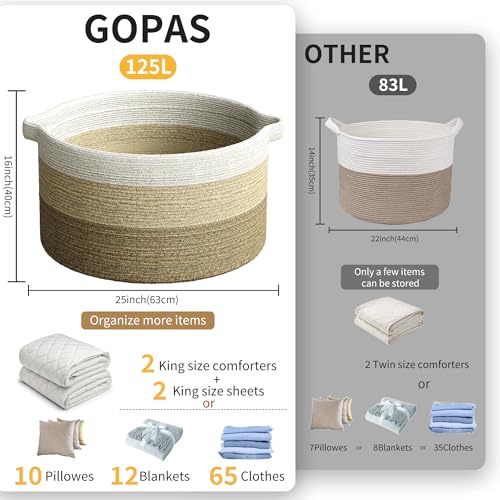 125L Extra Large Blanket Basket, 25" x 16" | Jumbo Laundry Woven Cotton Rope Basket with Handles, Baby Toy Storage, Gradual Brown - color: gradual brown, size: 1 Pack