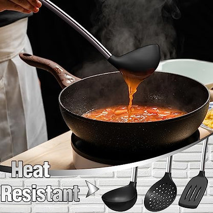 Umite Chef Thickened Kitchen Utensils Set- Silicone Cooking Utensils Set for Nonstick Cookware-Silicone Spatulas Set, Heavy Duty Stainless Steel Handle-Black Kitchen Gadgets Tools Set - color: Black
