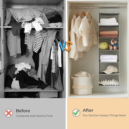 MAX Houser 6 Tier Shelf Hanging Closet Organizer, Closet Hanging Shelf with 2 Sturdy Hooks for Storage,2 Pack, Foldable (Light Grey) | Dorm Room Essentials with 2 sturdy hooks, foldable lightweight fabric closet storage, space-saving design for Bedroom -