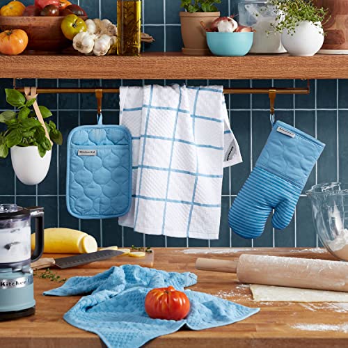 KitchenAid Quilted Cotton Terry Cloth Oven Mitt, Pot Holder, Kitchen Towel 4-Pack Set, Heat Resistant, Silicone Grip, Gift Set, Blue Velvet, 16"x26", 7"x13" & 7"x10" - color: Blue Velvet