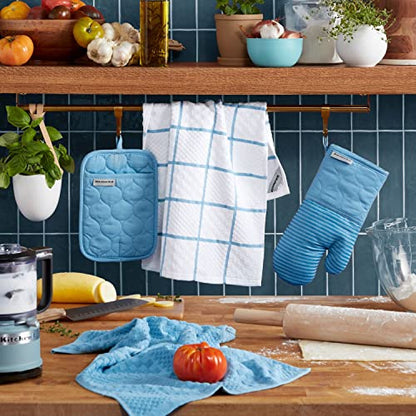 KitchenAid Quilted Cotton Terry Cloth Oven Mitt, Pot Holder, Kitchen Towel 4-Pack Set, Heat Resistant, Silicone Grip, Gift Set, Blue Velvet, 16"x26", 7"x13" & 7"x10" - color: Blue Velvet