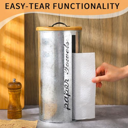 Beeveer Farmhouse Paper Towel Holder Covered Metal Rustic Countertop Paper Towel Dispenser with Wooden Lid Fully Covered Holder for Home Country Bathroom Kitchen 6.3 x 6.3 x 13.4'', Silver