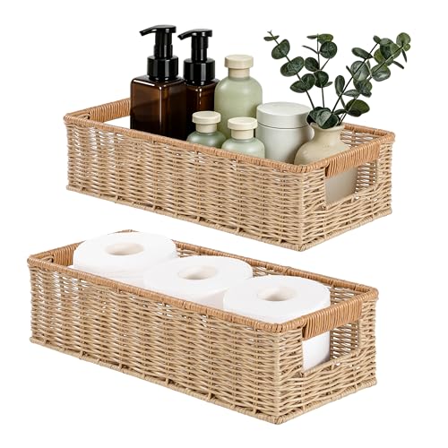 Waterproof Rectangular Toilet Paper Baskets, 16 ¼"L x 6 ¾"W x 4 ½"H Nesting Plastic Wicker Basket, Woven Long Narrow Baskets for Pantry Bathroom Toilet Tank Top Countertop, 2 Pack
