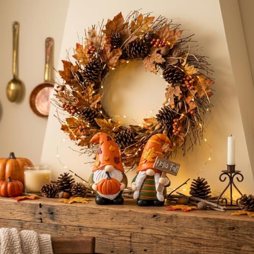 Cute 2 PCS Gnomes Statues Decor, Resin Figurines and Sculpture Décor, for Indoor Outdoor Yard Lawn Garden Home Patio Farmhouse Kitchen Table Decoration(Pumpkin and Fall) - style: Pumpking & "Hello Fall" Sign-Holding